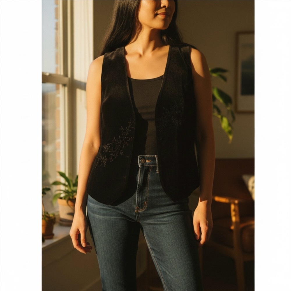 Talbots Black Velvet Embroidered Vest